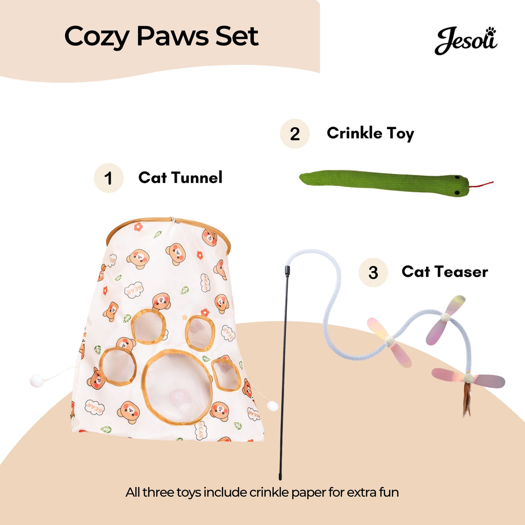 Cat Toy Starter Pack: Tunnel, Teaser Wand & Crinkle Toy