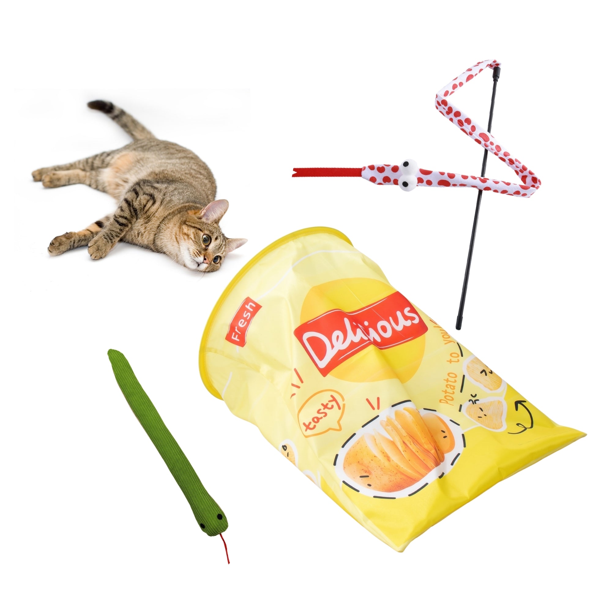Cat Toy Starter Pack: Tunnel, Teaser Wand & Crinkle Toy